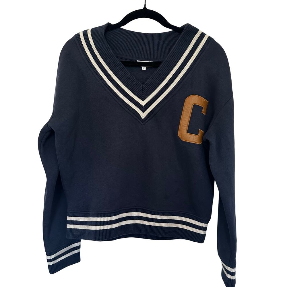 Claudie Pierlot Varsity V Neck Sweater Letterman Patch Navy Size 2